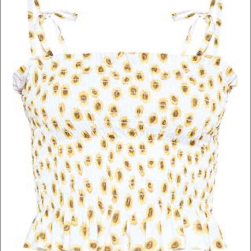 White Sunflower Printed Shirred Tie Detail Top